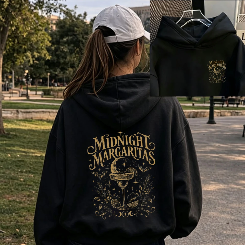 Midnight Margarita Hoodie Vintage Celestial Moon Star Moth Floral Cocktail Glass Pullover Sweatshirt Mystical Gothic Hooded Tops