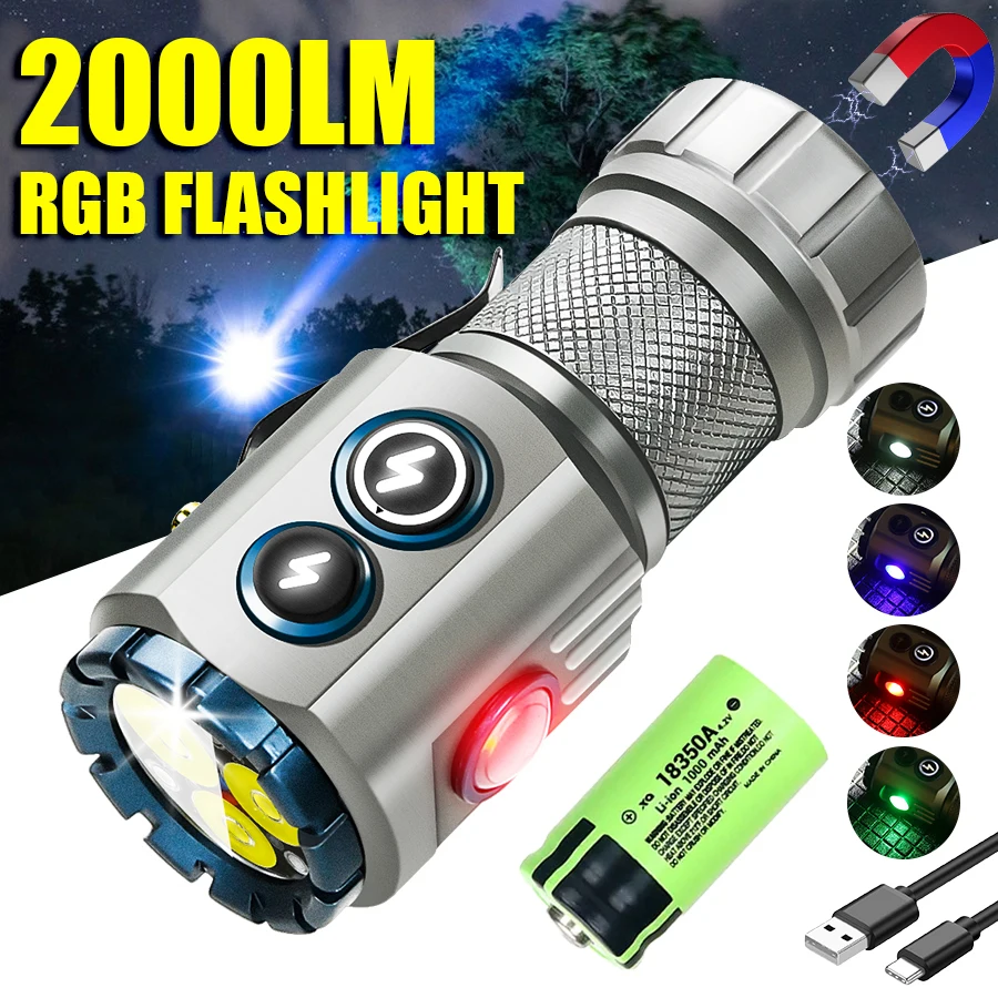New Upgrade 3 LED Flashlight With RGB Side Lamp Type-C Rechargeable 2000 Lumens Torch Tail Magnet for Camping Hiking Lantern