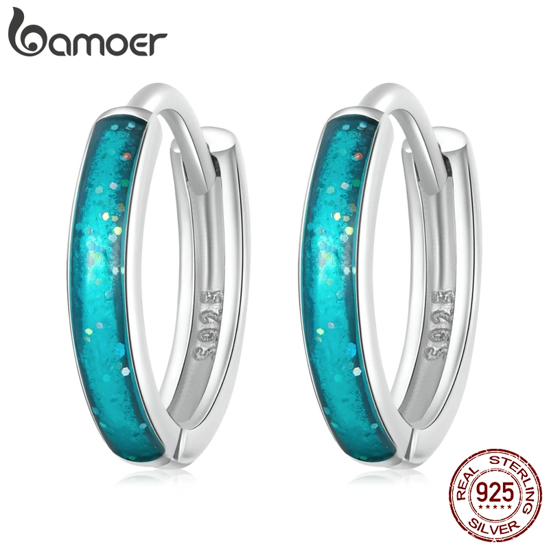 BAMOER Silver Simple Blue Ear Buckles Shiny Glitter 925 Sterling Silver Hoop Earrings for Women Popular Style Fashion Jewelry