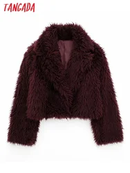 Tangada 2023 Winter Women Wine Red Faux Fur Oversize Crop Coat Female Warm Thick Overcoat 3H303