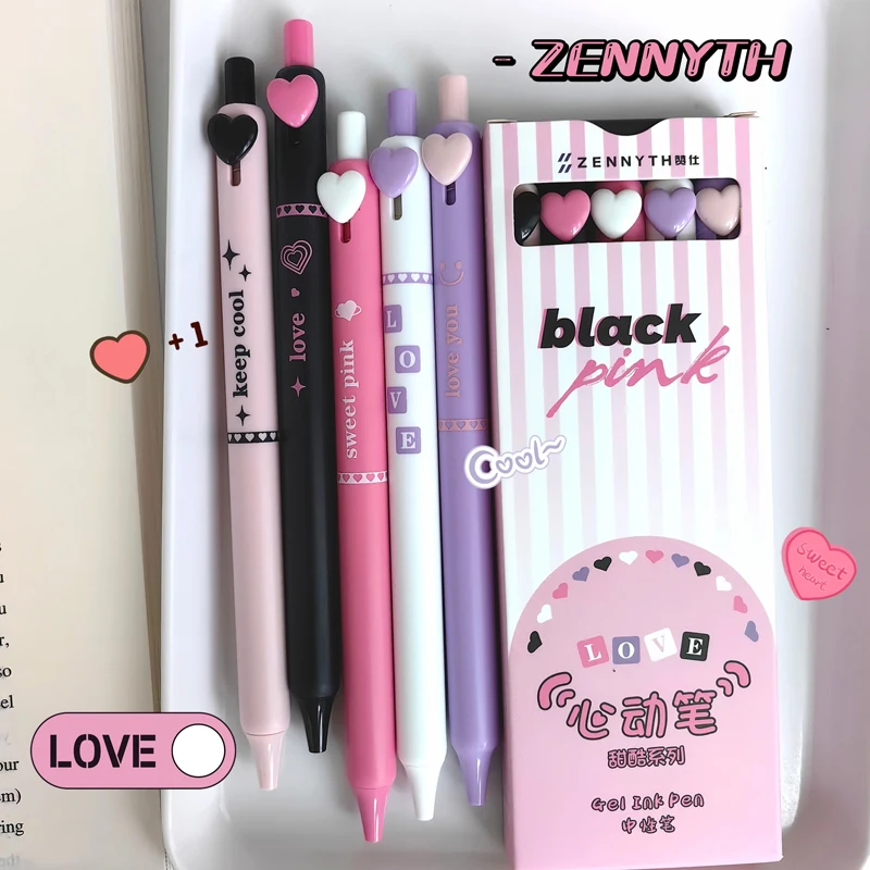 5PCS/Set Love Heart Gel Pen For Students Button Gel Ink Pen 0.5MM Black Refill Writing Pen Quick Dry Neutral Pen School Supply