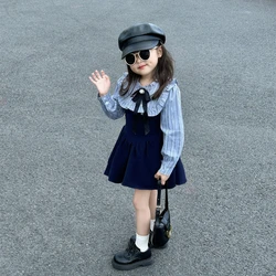 Girl Skirt Spring Autumn College Style Children'S Clothing Striped Splicing Dress Fashionable  Western New Product Kore