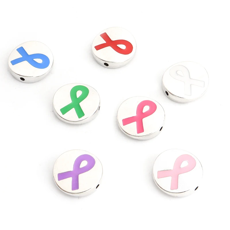 10pcs Colorful Ribbon Pattern Enamel Spacer Beads Pink Ribbon Breast Cancer Awareness Beads Pendants for Jewelry Making Supplies