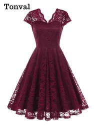 Tonval Vintage Scalloped V Neck Elegant Birthday Dresses for Women Evening Prom Party Pleated Lace Swing Dress