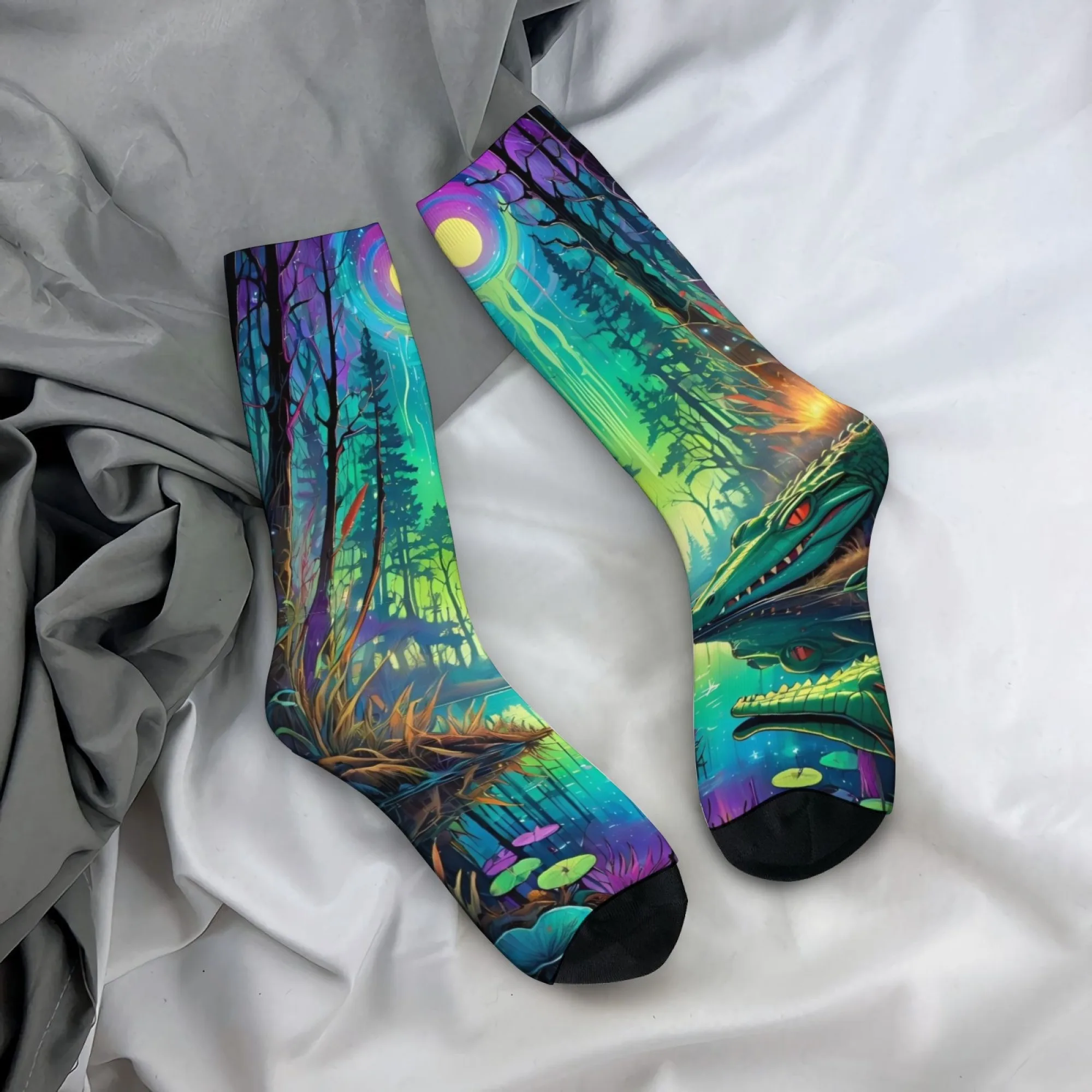 Psychedelic Forest and Crocodile Print Herrensocken – Neuartige Harajuku-Retro-Street-Style-Kunst-Freizeitsocken – Verrücktes Partygeschenk