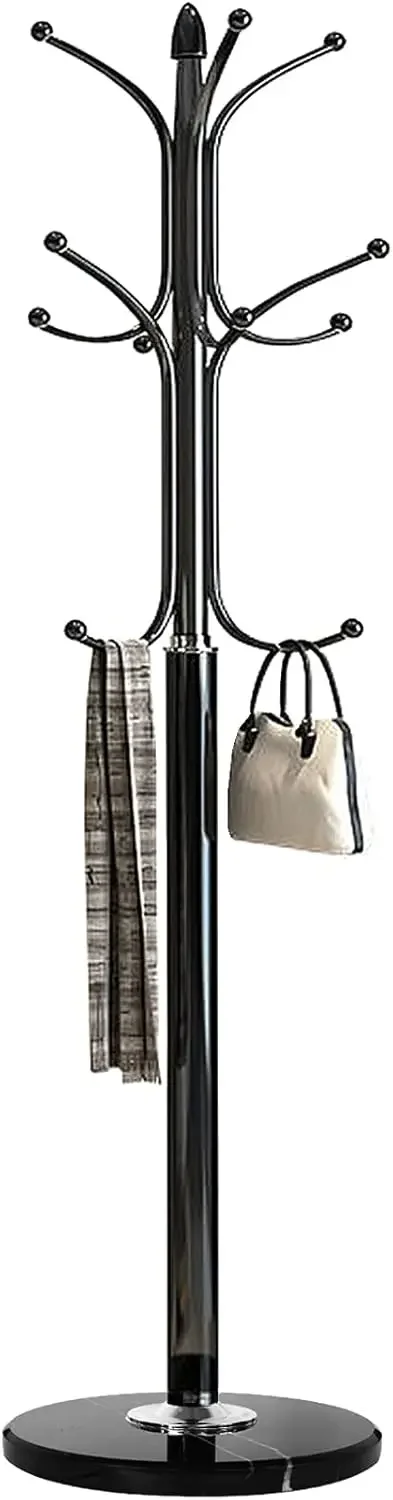 Metal Coat Rack Stand with Natural Marble Base, Free Standing Hall Tree with 12 Hooks for Hanging Scarf, Bag, Jacket, Ho