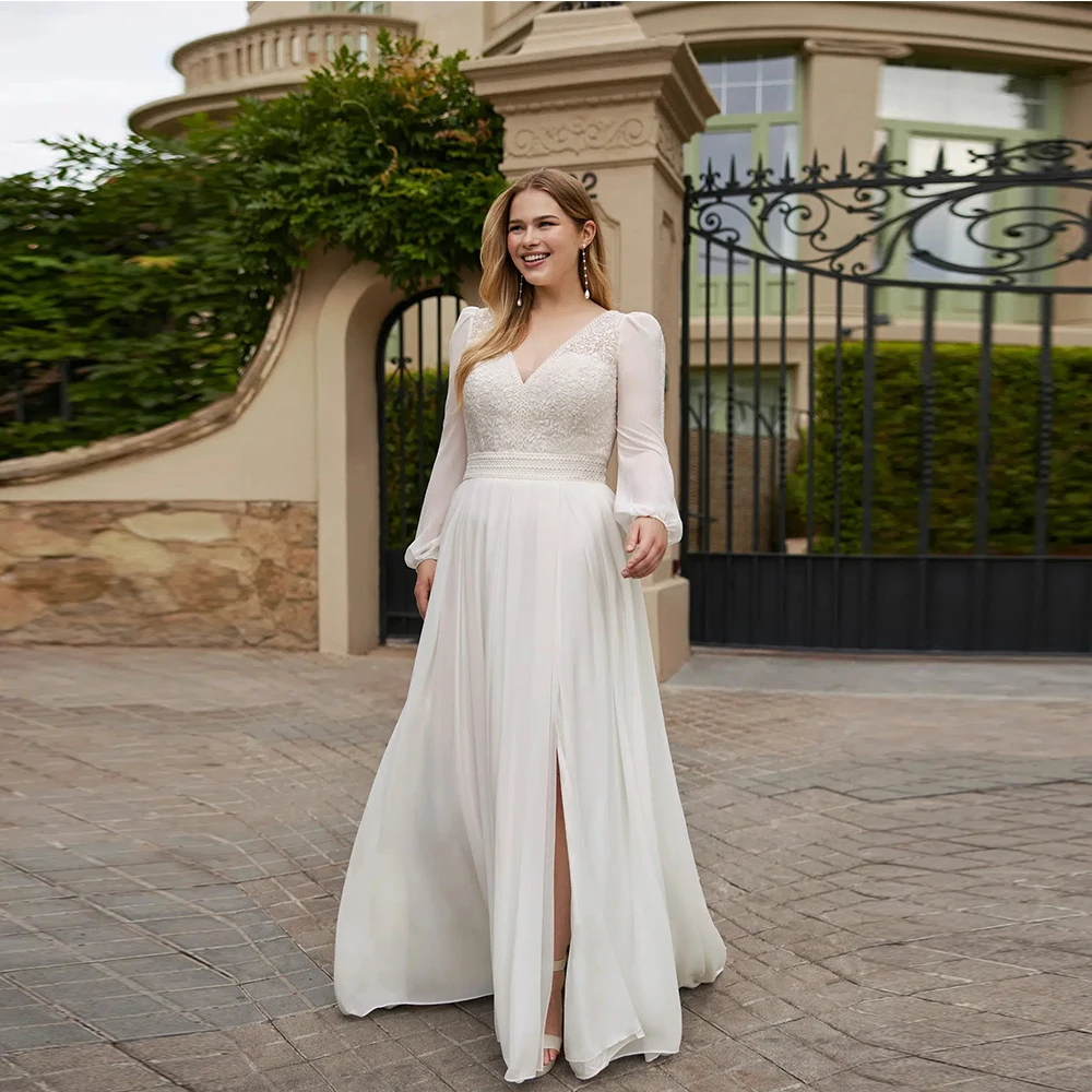 Romantic Chiffon Long Sleeves V-Neck Wedding Dress Customized Classic A-Line Appliques Lace Brdail With Court Train Vestido De