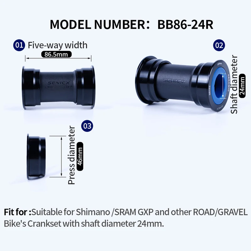 SENICX Ceramic BB386 Press in Road Bicycle Bottom Bracket Fit for Shimano Gravel Bike Central Bearing 24mm Shaft Diameter Crank