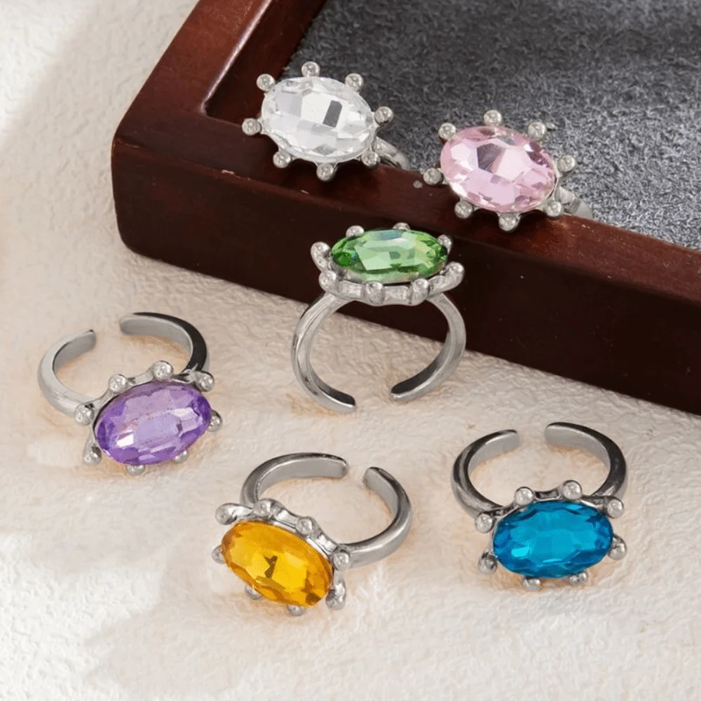 Stylish Colorful Rhinestone Open Ring Adjustable Vintage Y2K Stackable Ring Alloy Lightweight Knuckle Ring Evening Dating
