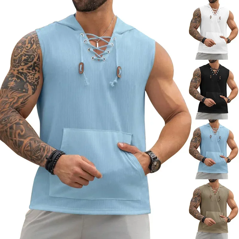 

2024 New Summer Thin Men's Vest Casual Hooded Solid Color Lace Up Sleeveless Tank Top for Men