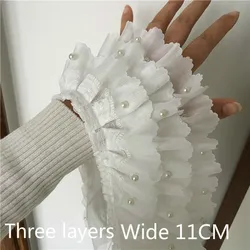 Luxury White Beaded Pleated Chiffon 3D Lace Ribbons Trim For DIY Wedding Garment Dress Collar Applique Guipure Sewing Supplies