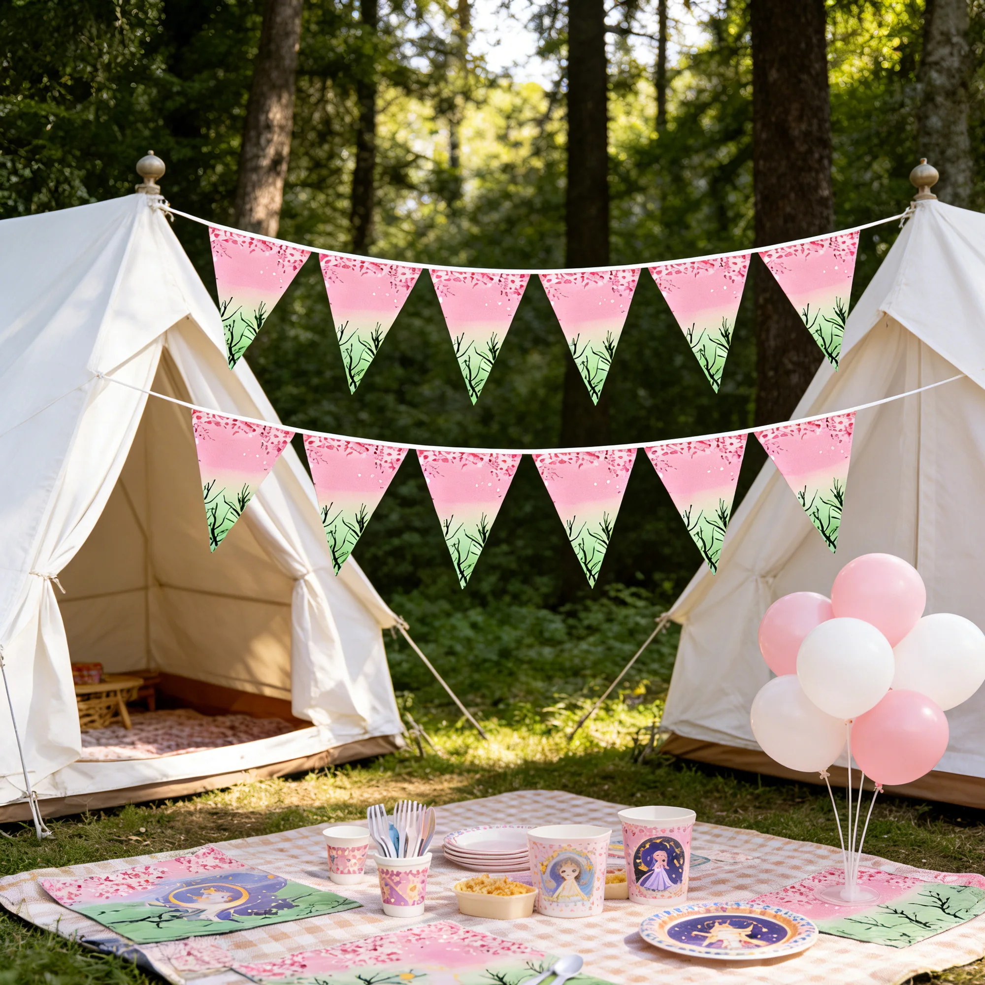 

Witch party decorations - Pink and green knot-print witch-themed banner - Triangular flag - Suitable for girls' pink birthday