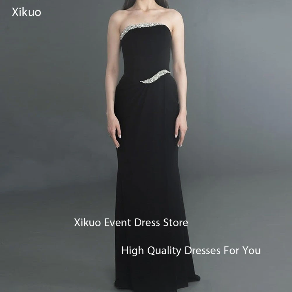 

Xikuo Elegant Black Satin Prom Gown Mermaid Crystal Party Vestidos Para Eventos Summer Strapless Pleated Evening Gown Customized