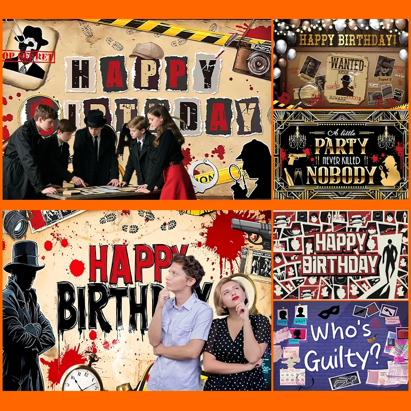 Décorations d'anniversaire détective : toile de fond espion, suspect, enquête, empreintes digitales, indices – accessoires de fête pour adultes et enfants