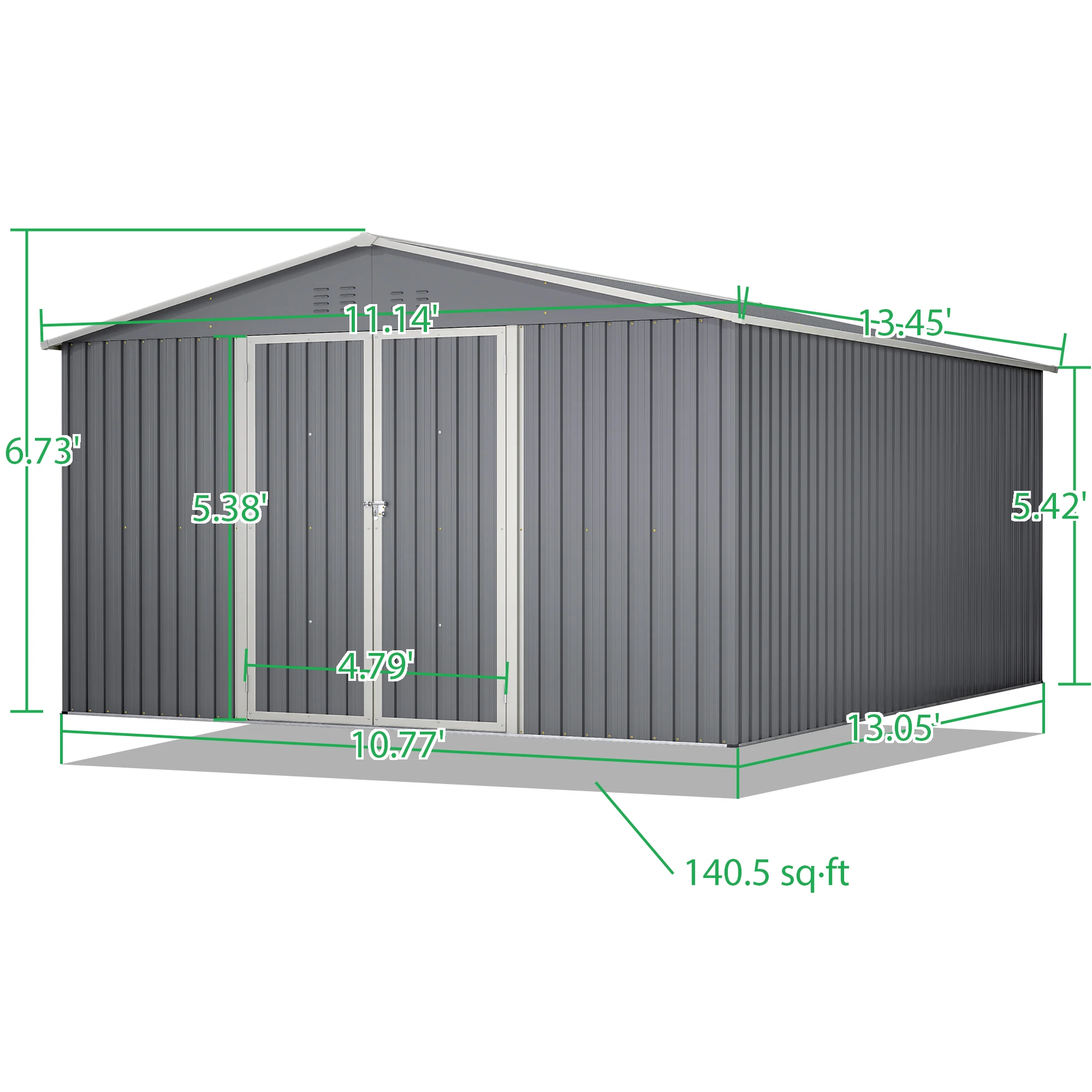 11'×13.5'×6.7' Weatherproof Metal Shed With Sloped Roof, Lockable Double Doors, Rust & Water Resistant Durable Storage For Yard Tools, Bikes, And Lawn Equipment