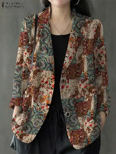 Imagen 2 del producto ZANZEA-Blazer Vintage con cuello de solapa para mujer, prendas de vestir con estampado Floral, trajes de algodón, chaquetas finas de trabajo de manga larga informales, moda de otoño