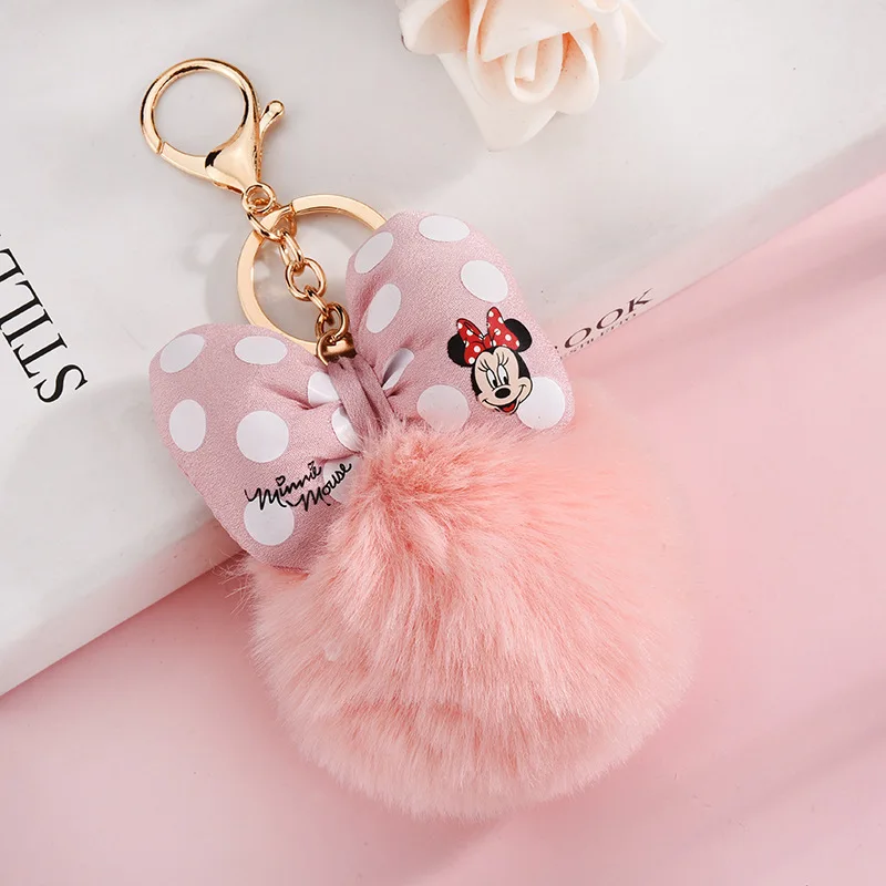 Disney Cartoon Mickey Mouse Soft Plush Keychains Anime Minnie Polka Dot Bow Pompom Keychain Pendant Bag Ornament for Girl Gifts