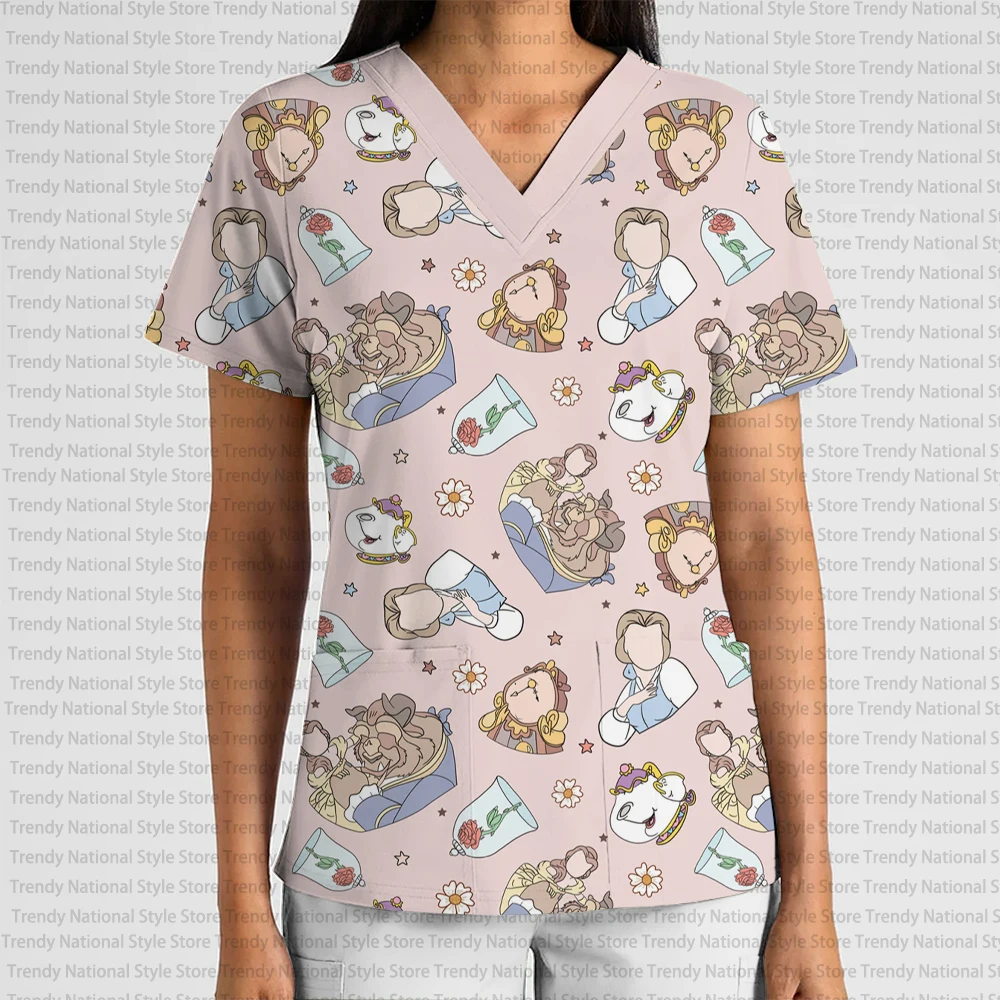 Christmas Disney Princess Cartoon Print V-Neck Pocket Scrub Top Women's Clothing Nursing Clothes Dental Pet Shop T-shirt