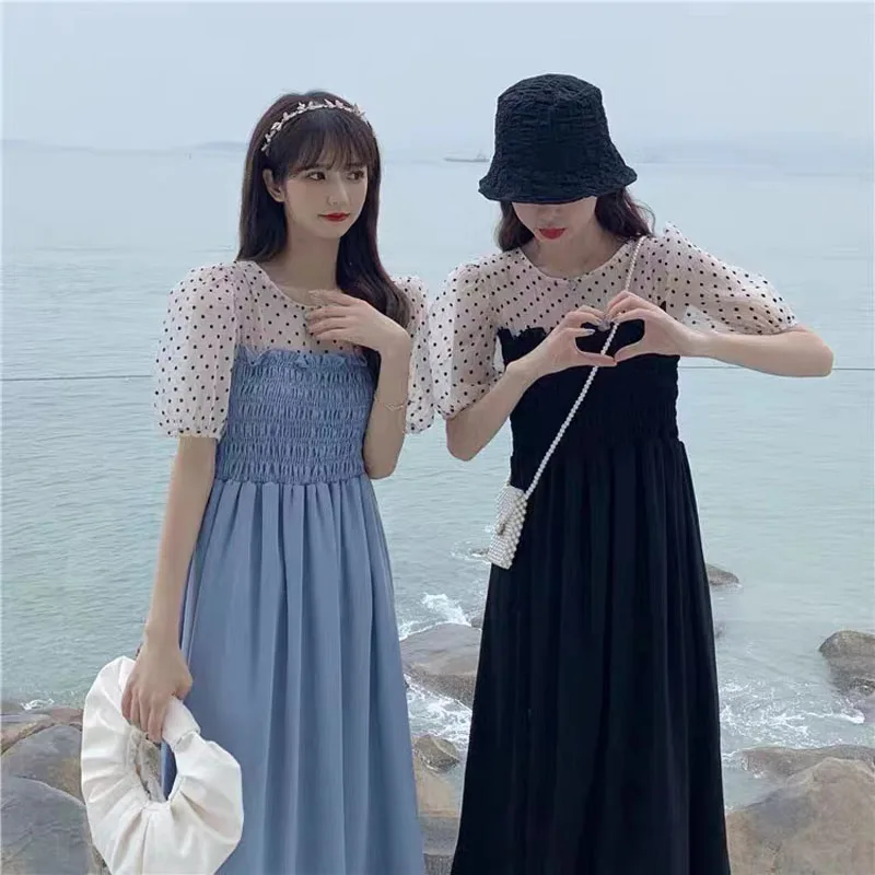 

Mesh Chiffon Stitching Dress Women's Summer 2022 New French Sweet Pleated A-line Dress Commuting Casual Loose Dress