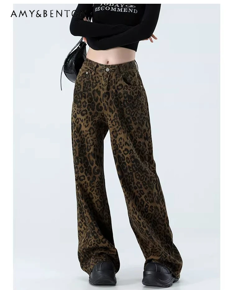 

Spring American Retro Style Women's Leopard Print Wide-leg Jeans Winter High-waisted Slimming Loose Casual Fleece-lined Pants