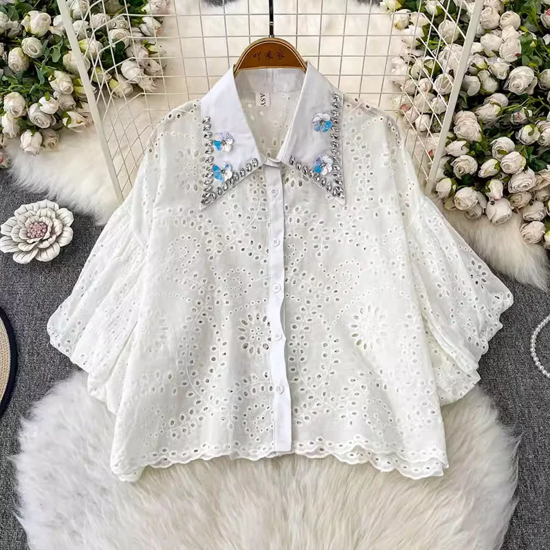 

French Lantern Sleeve Shirt For Women, Summer New Lace Embroidery Hollow Unique Exquisite Rhinestone Pointed Collar Slimming Top