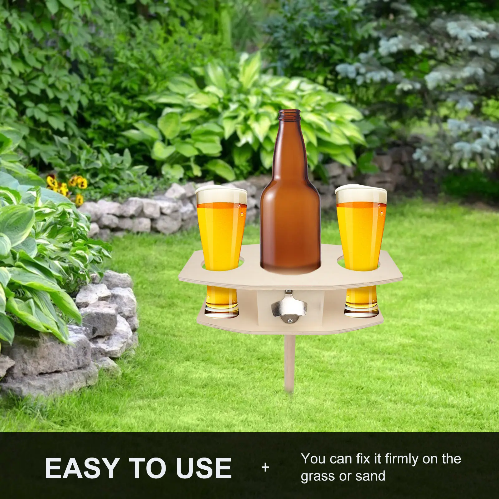 Wooden Wine Stake Beer Rack for Outdoor Ground – Universal Bottle & Can Holder for Picnic, Camping, Garden