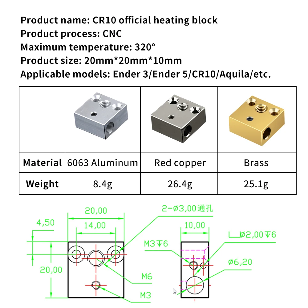 Bloco de calor para impressora 3D, chapeamento de cobre, bloco aquecido, liga de titânio, Ender 3, CR-10, Hotend