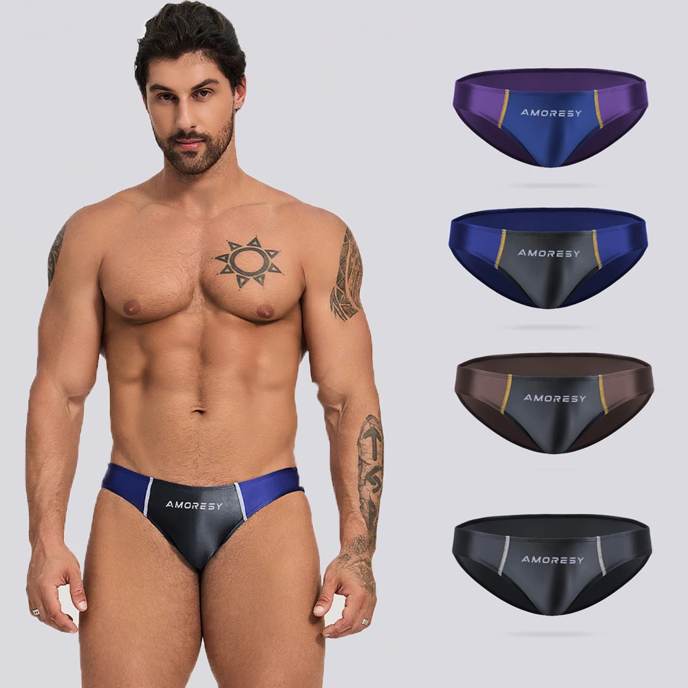 AMORESY Men Spandex Swimming Trunks Matching Color, Low Waist Sexy Sports Long Tight Oily, Comfortable Silk Briefs, Briefs