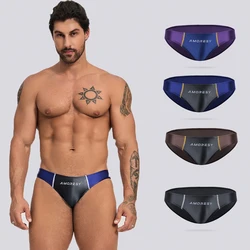 AMORESY Men Spandex Swimming Trunks Matching Color, Low Waist Sexy Sports Long Tight Oily, Comfortable Silk Briefs, Briefs