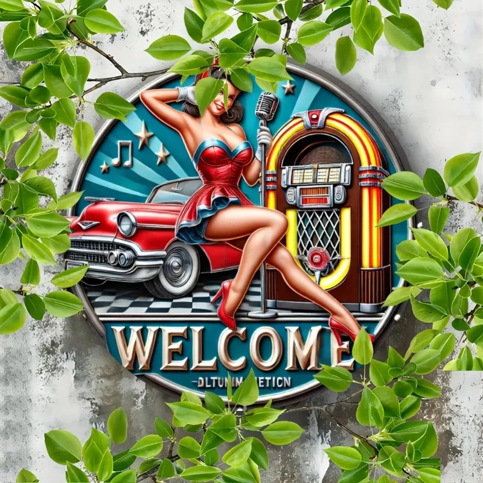 لوحة فنية جدارية حديدية عتيقة: ميكروفون براقة وتصميم نسائي للبار أو المقهى أو غرفة النوم أو غرفة الموسيقى - قطعة بيان ريترو شيك