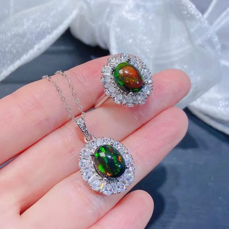 Black Opal Ring and Pendant Set for Party 8mm*10mm Total 4ct Dyed Natural Opal Jeweley Set Solid 925 Silver Gemstone Jewelry