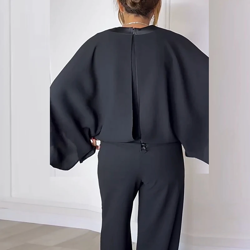 

Элегантные простые комбинезоны с v-образным вырезом и высокой талией, темпераментные женские комбинезоны, однотонные свободные женские комбинезоны с широкими штанинами