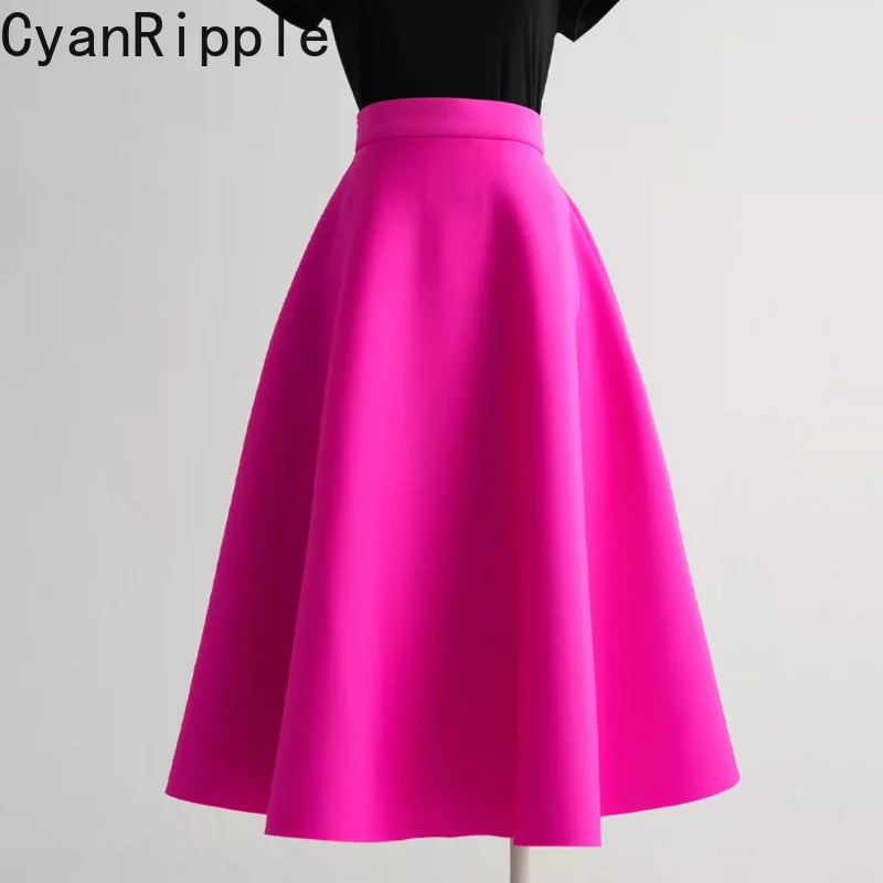 2026 New Autumn Rose Pink Big Bottoms Women Umbrella Skirt All-match Mid-length Puffy Skirt Solid Color Elegant Lady Overskirt