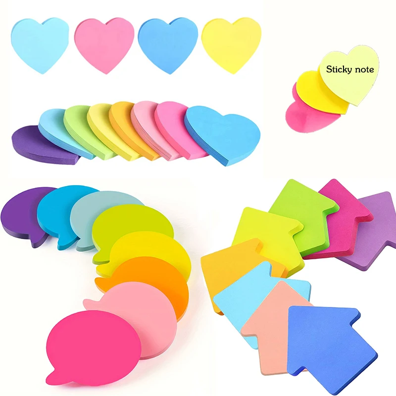 Set mit 8 leuchtend bunten, selbstklebenden Haftnotizen mit Blasen, Pfeilen und Herzen – perfekt für Zuhause und die Schule