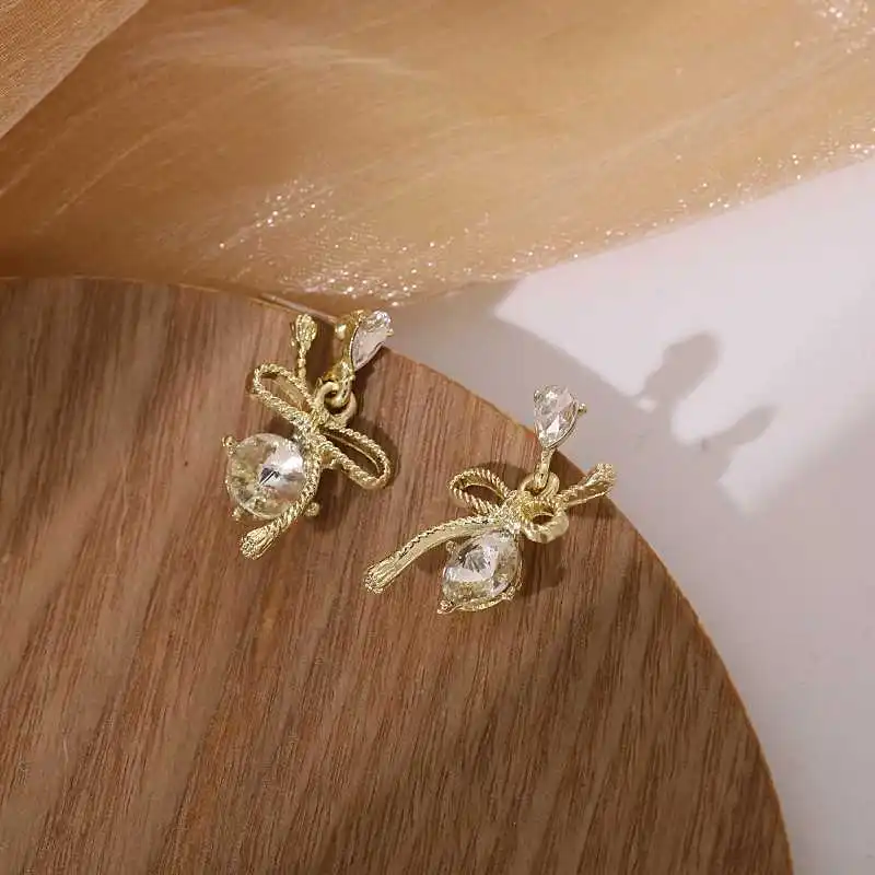 Korean Accessories for Women 925 Silver Needle Bow Zircon Earrings Statement Temperament Wedding Party Anniversary Gift Jewelry