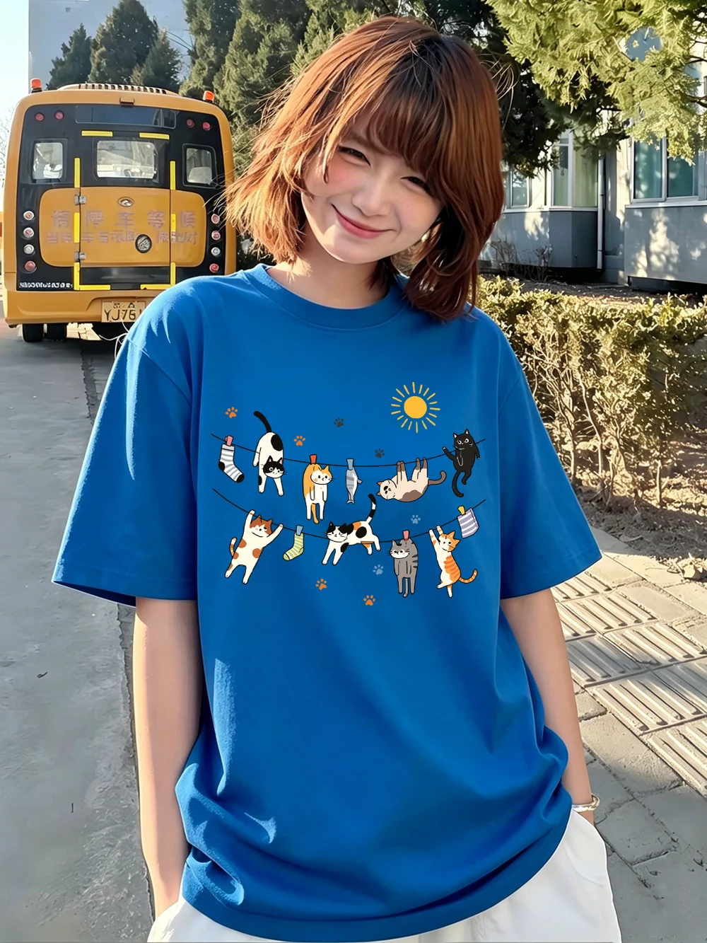 Cats Socks Fish On Clotheslines Prints T-Shirts Womens Cotton Summer Oversized Tops O-Neck Short Sleeve Tees Basic Soft Clothes