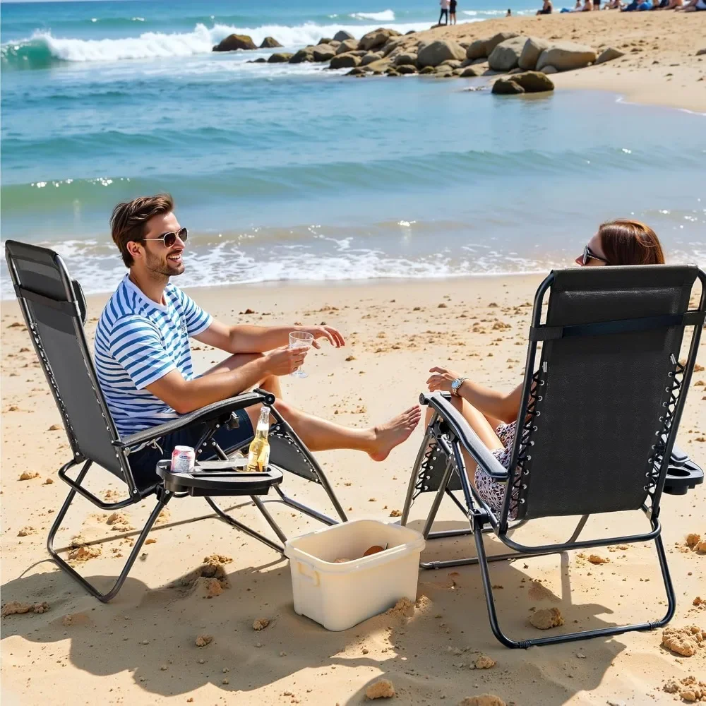 Zero Gravity Chairs Set of 2 Adjustable Steel Mesh Recliners Beach Deck Lawn Camping Patio Foldable Lounge Chair with Cup Holder