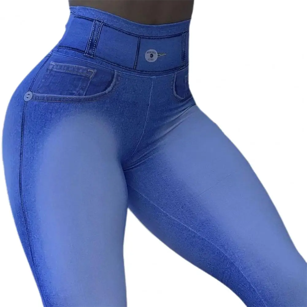 gh Waist Pockets Tummy Control Butt Lifting Fitness Leggings Gradient Color Push Up Imitation- Jeans Skinny Women Yoga Pants