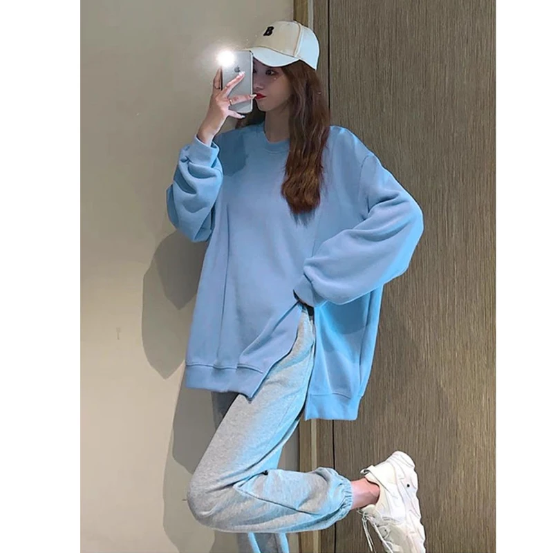 Spring Autumn New Long Sleeve Loose Slit Hem Korean Hoodies Solid Simplicity Trend Pullovers Top Fashion Casual Women Clothing