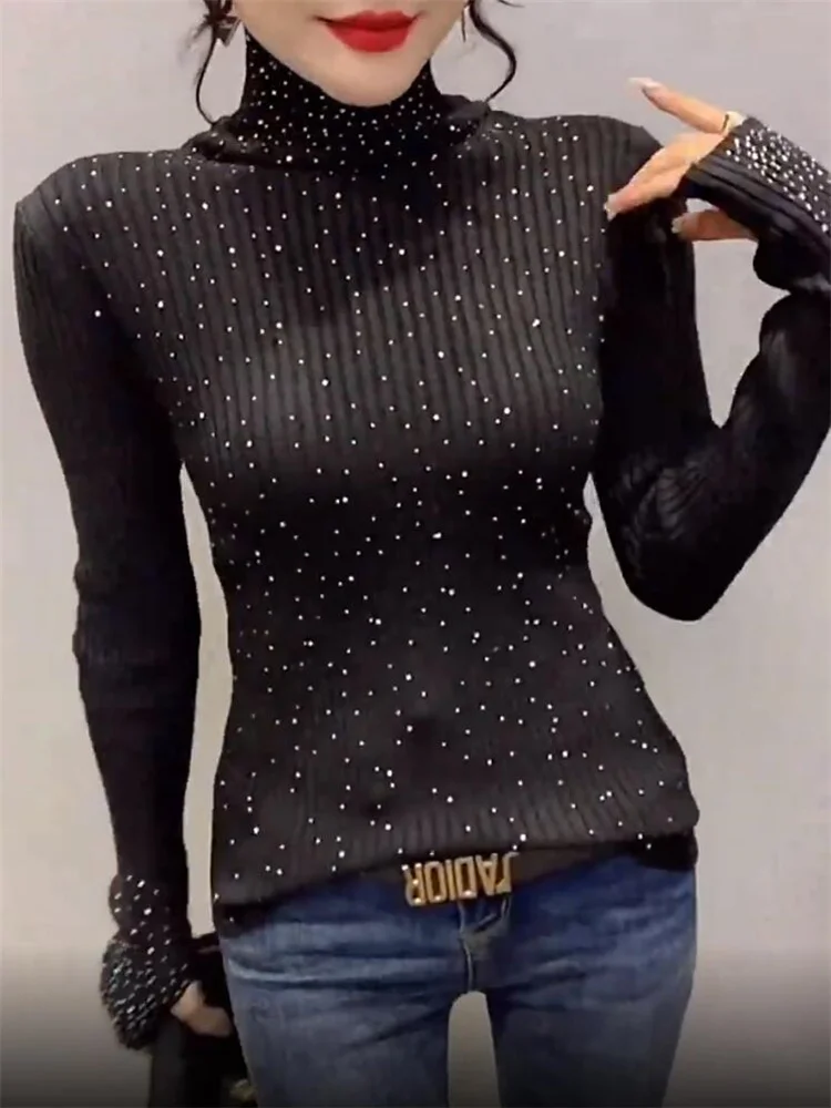 

High-neck Diamond Sweater Women Kintwear Winter Warm Bottoming Top Elastic Slim Jumpper Top Hot Drill Pullover Female Sweater