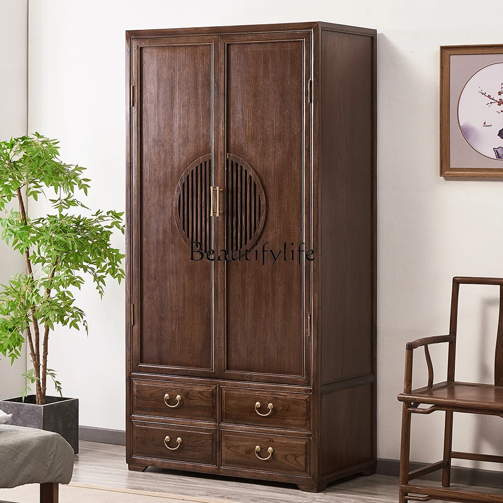 Chinese Style Elm Wardrobe Zen Simple Hanging Wardrobe Black Walnut Large Capacity Storage Cabinet