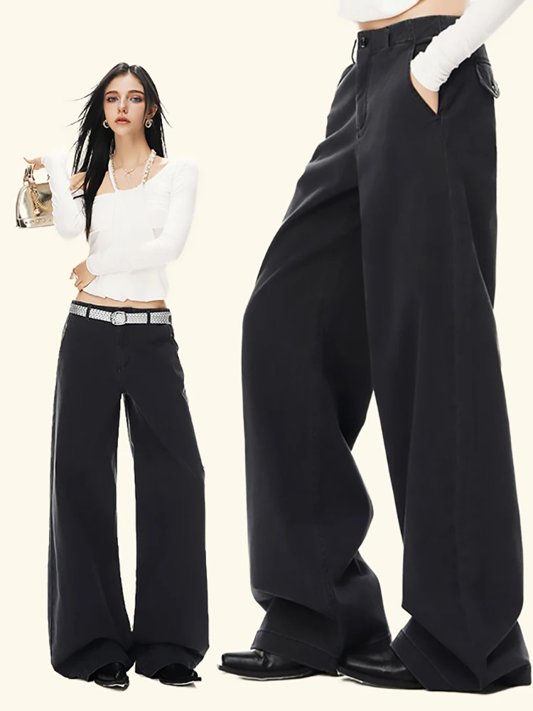 

Минималистичные джинсы Dark Series с низкой посадкой, черные, с эффектом потертости, широкие штанины, женские, с высокой талией, свободные, прямого кроя, повседневные