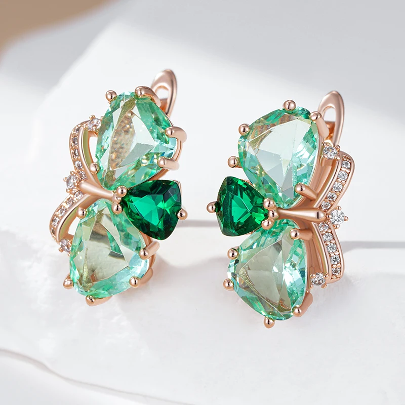 Kinel Unique Green Stone Drop Earrings for Women Fashion Rhombus Natural Zircon Accessories 585 Rose Gold Vintage Daily Jewelry