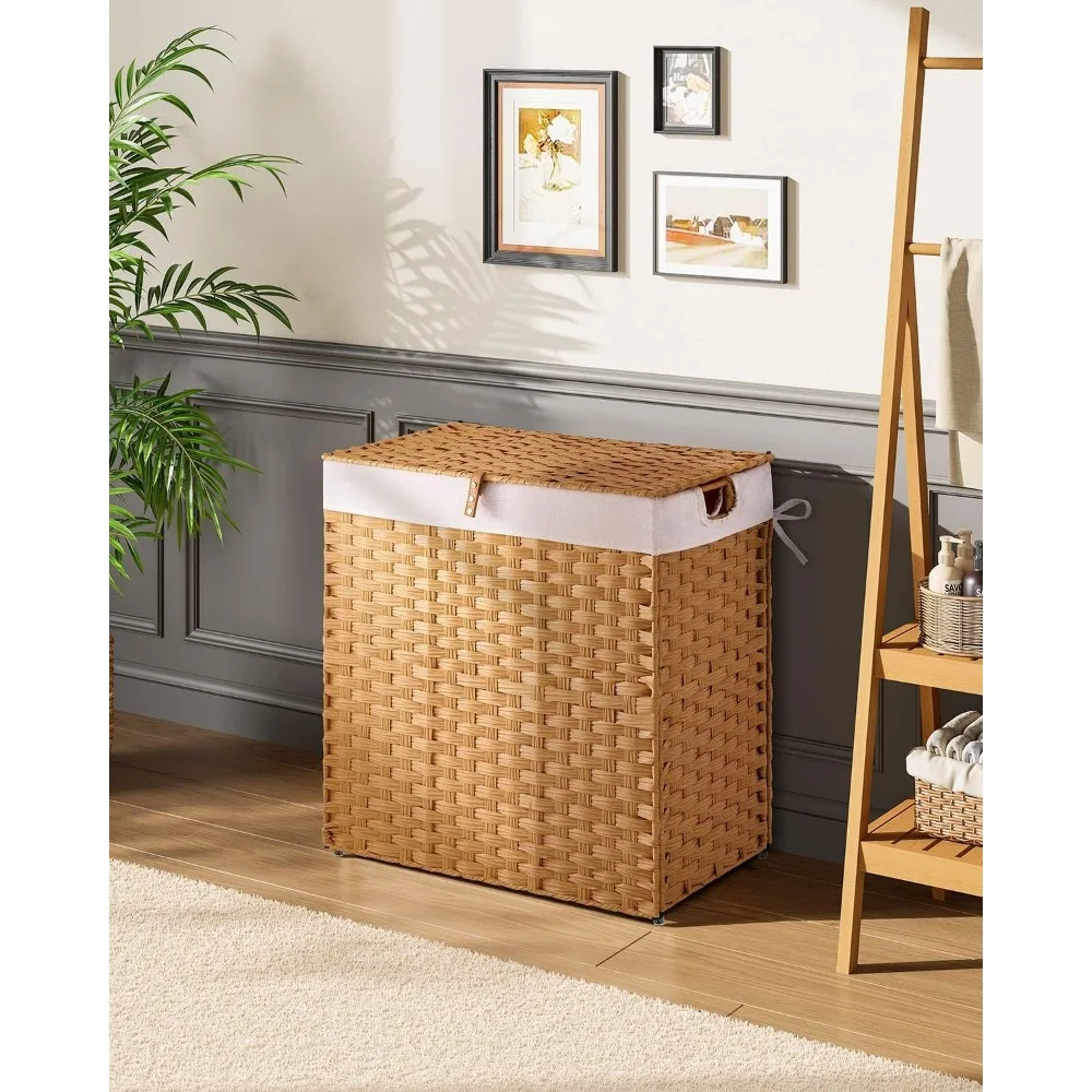 سلة غسيل من الخيزران قابلة للطي سعة 110 لتر مع غطاء و2 كيس بطانة قابل للإزالة، لا يتطلب التجميع #2