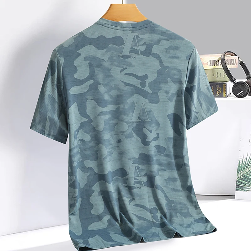 2023 Summer New Ice Silk T-shirt Camo Personalized European, American, British Wind Speed Dry Short Sleeve T-shirt