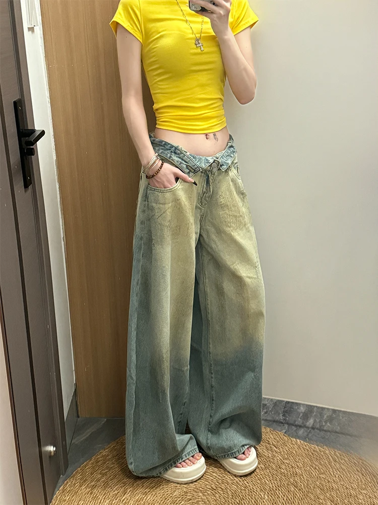 Retro American Style Distressed Denim Jeans Women Summer New Double Waist Flip Floor-Length Pants Natural Waist Pure Color