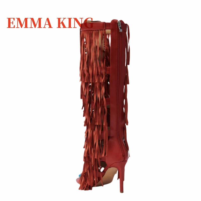 Sexy Blue Gemstone Knee-high Boots Open Toe Back Zipper Stiletto Heel Boot Fashion Catwalk Tassel Gladiator Sandals Women Summer