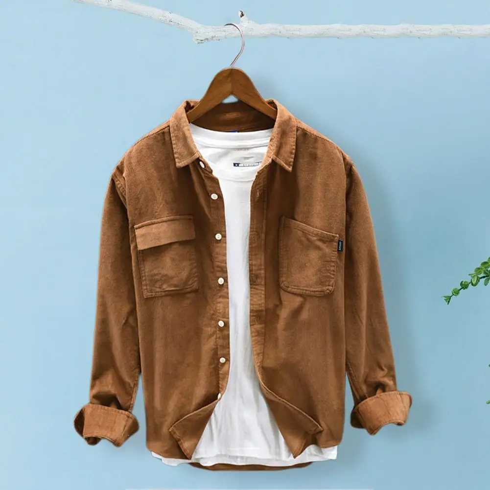 Corduroy Shirt Jacket Men's Loose Cardigan Jacket with Turn-down Collar Chest Pockets Long Sleeves Formal Casual Mid for Fall