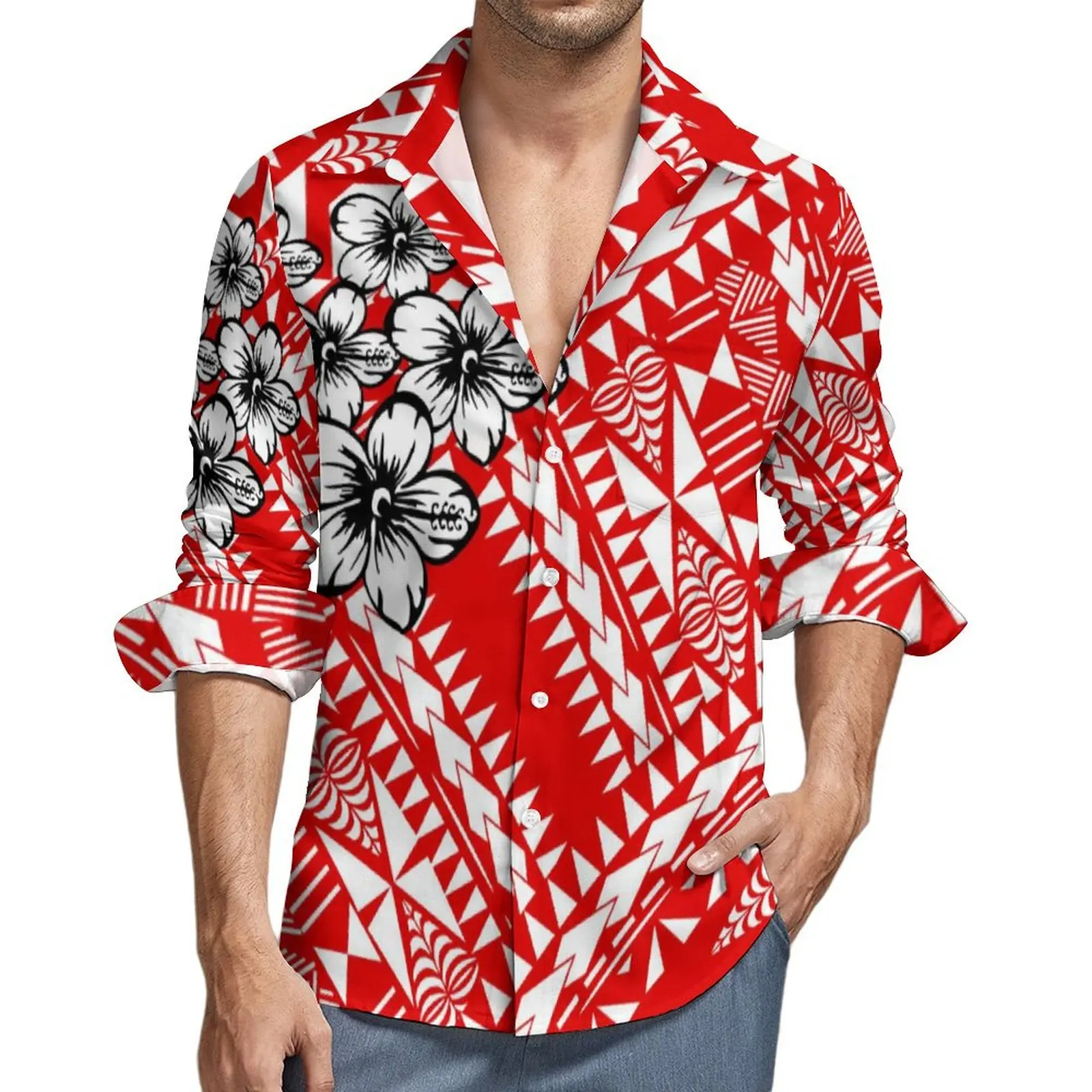 Island Style Couple Set Temperament Polynesian Dress For Women And Aloha Long-Sleeved Shirt For Men Pacific Island Art Print