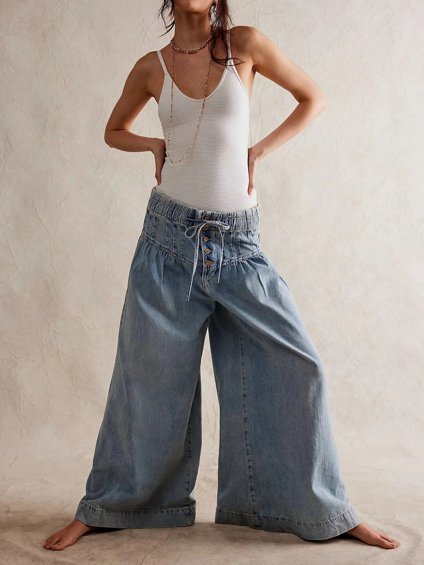 

Cotton Denim Jeans For Women Loose Elastic Waist Wide Leg Casual Boho Beach Full Length Women's pants Hippie Summer Trousers